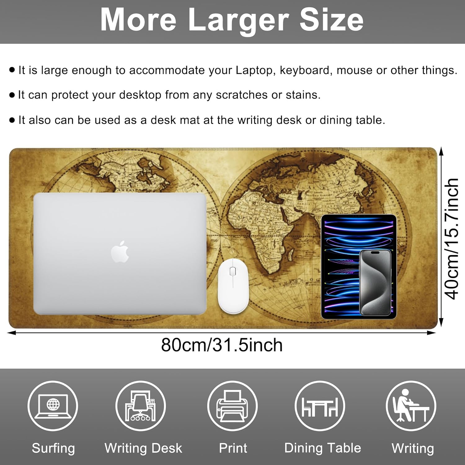 Mouse Pad, Large Antique World Map Desk Mat, Extended Non-Slip Gaming Keyboard Mousepad Desk Pad, Thick Stitched Edges Waterproof Mouse Mat 31.5"x15.7" (Retro World Map)
