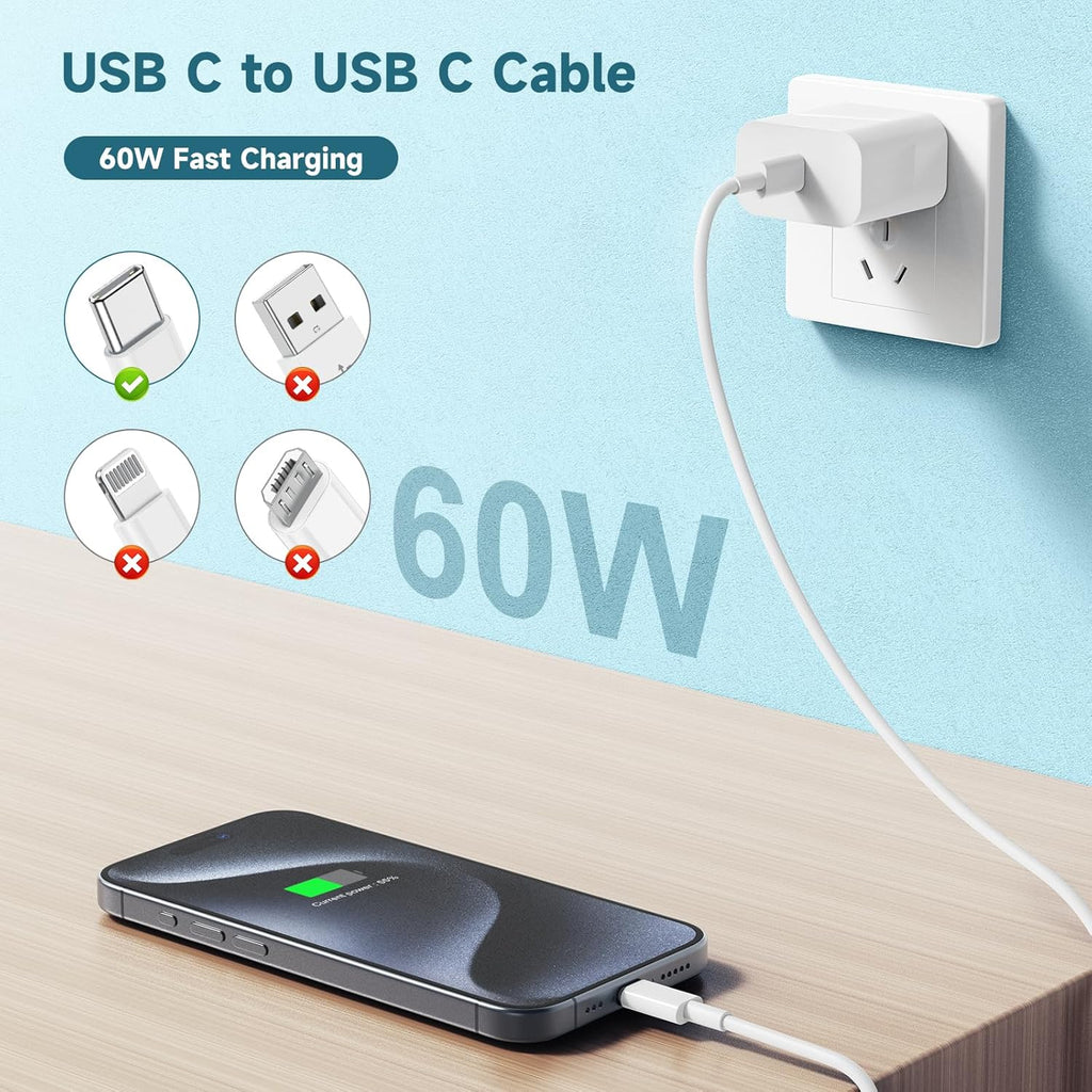 [3+6+10FT] 60W USB C to USB C Cable 3Pack iPhone 15 Fast Charging Cable,USB-C to USBC Power Cord for iPhone 15/15 Pro/15 Plus/15 Pro Max,MacBook Pro Air/IPad Air 4/5/iPad Pro 12.9/11(White)