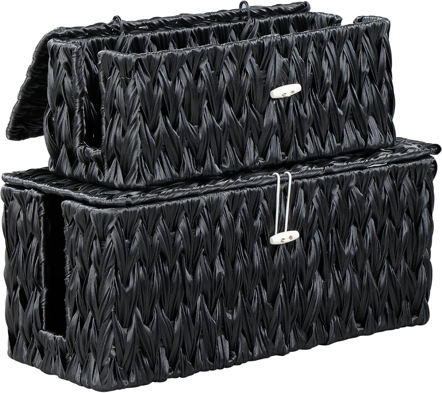 Black Cable Management Box,2 Pack Large & Medium Rattan Cable Organizer Box for Power Strip,2 Open Slots Cords Hider Box for TV Wires, Computer, Router, USB Hub and Under Desk Power Strip
