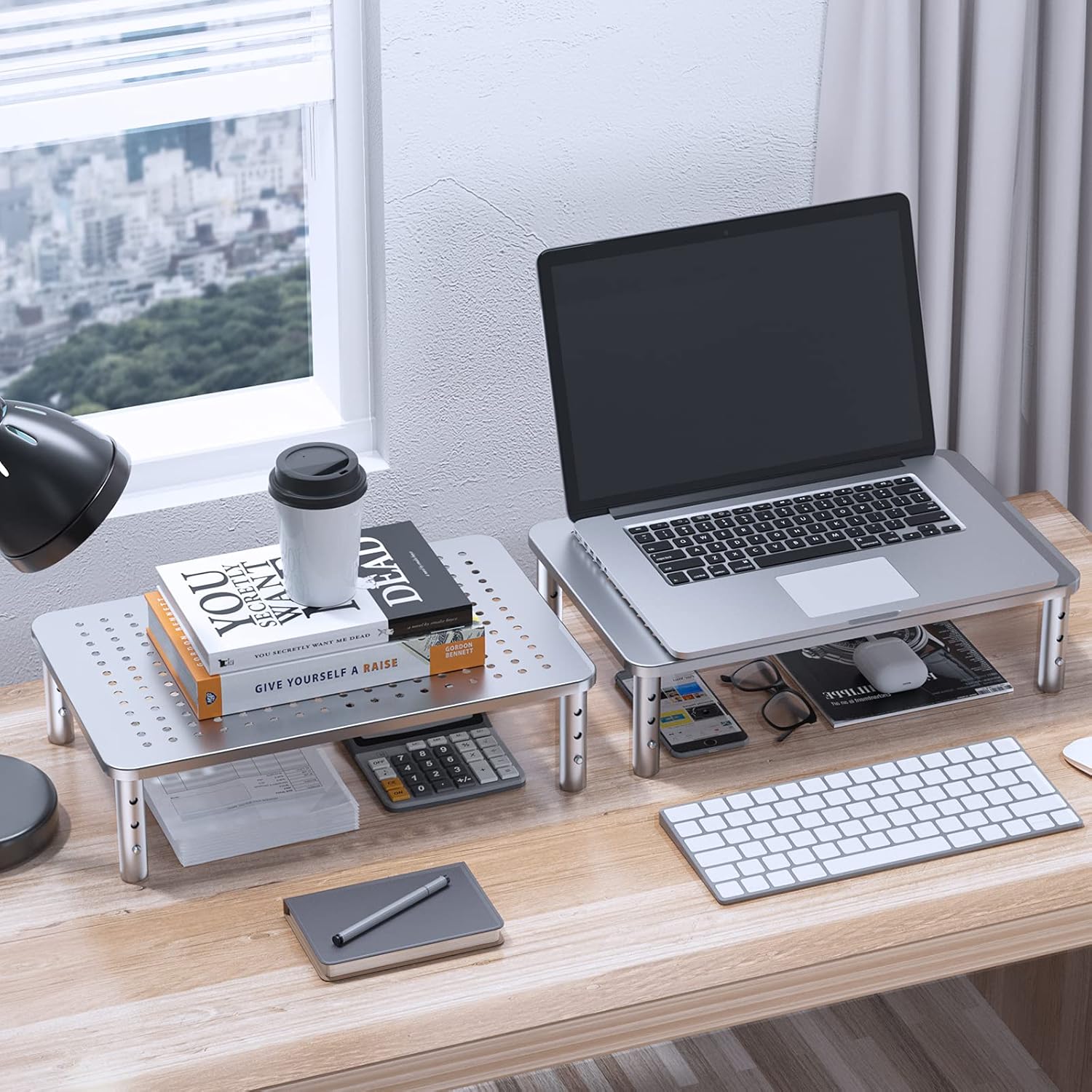 HUANUO Monitor Riser - 3 Height Adjustable Stand for Laptop, Computer, iMac, PC, Printer, Desktop Ergonomic Metal Monitor Riser with Mesh Platform