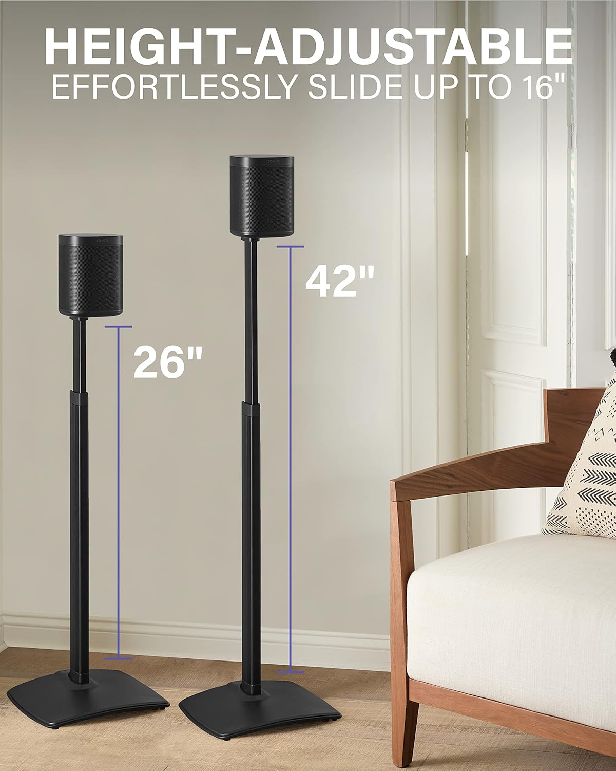 SANUS Adjustable Height Wireless Speaker Stands Designed for Sonos One, One SL, and Play:1 - Tool-Free Adjustment up to 16" and Built-in Cable Management - Black/Single