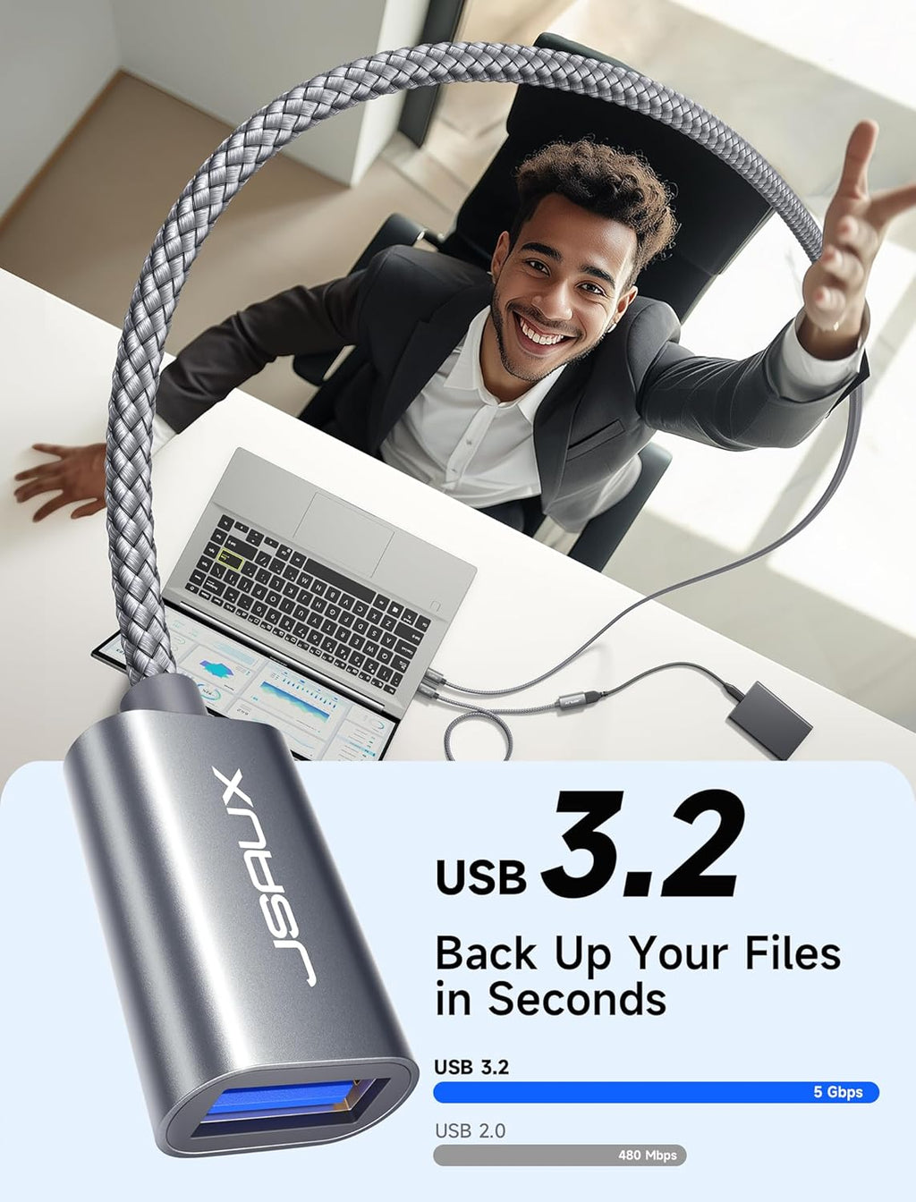 JSAUX 2Pack 10FT+10FT USB 3.0 Extension Cable, Type A Male to Female USB Extender Cord Nylon Braided Compatible with Webcam, Camera, Phone, USB hub, Mouse, Keyboard, Printer, Hard Drive, Xbox-Grey