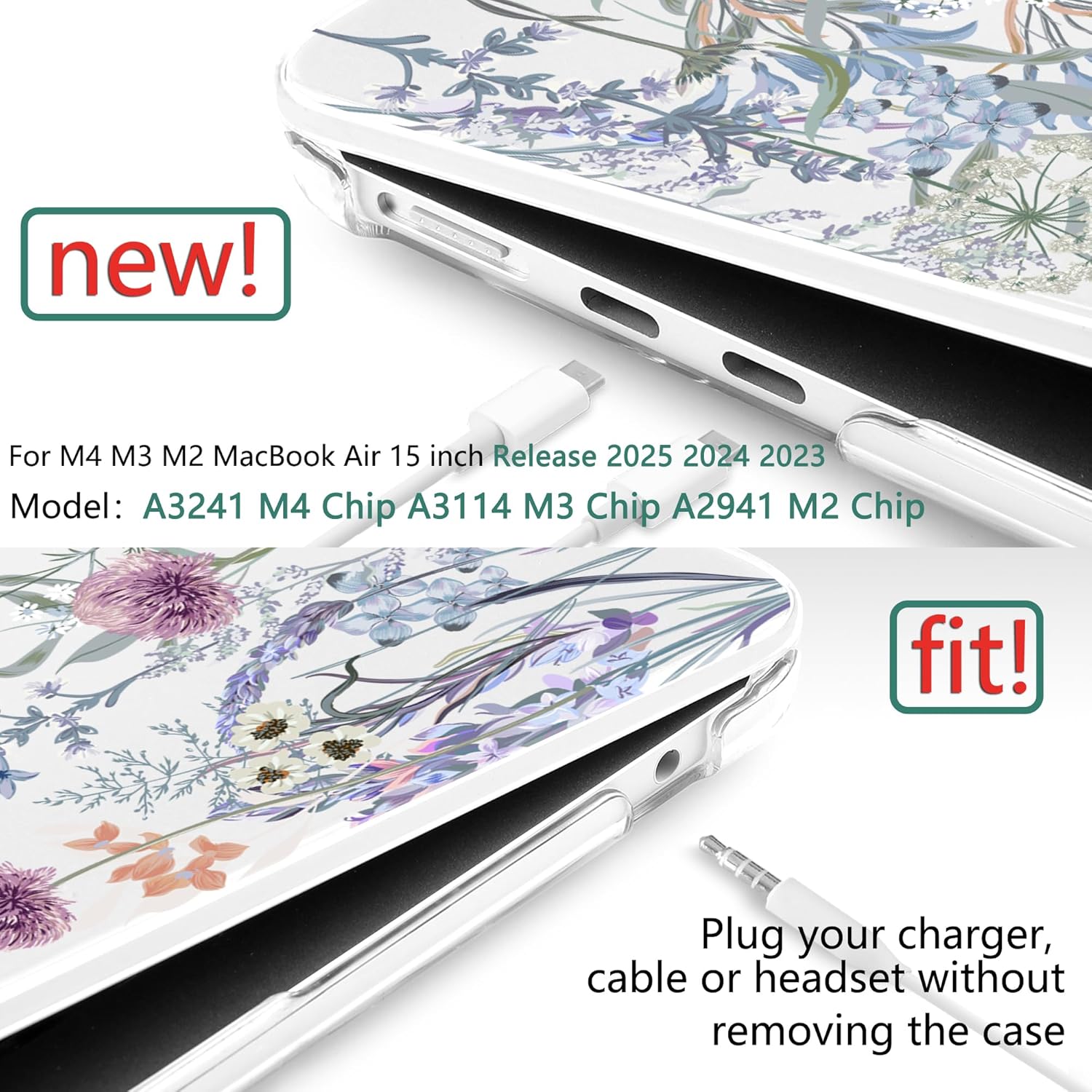 TWOLSKOO Compatible with M4 MacBook Air 15 inch Case 2025-2023 Released Model M4 A3241 M3 A3114 M2 A2941, Plastic Hard Shell & Screen Protector & Keyboard Cover & Type C Adapter, Dandelions