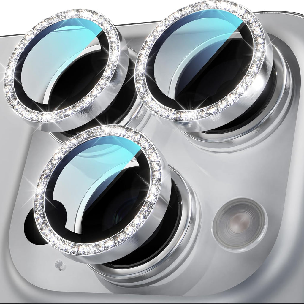 YWXTW Designed for iPhone 16 Pro/iPhone 16 Pro Max Camera Lens Protector Bling, [New Glitter Design] Individual Metal Tempered Glass Camera Cover Accessories Case Friendly (White Titanium)