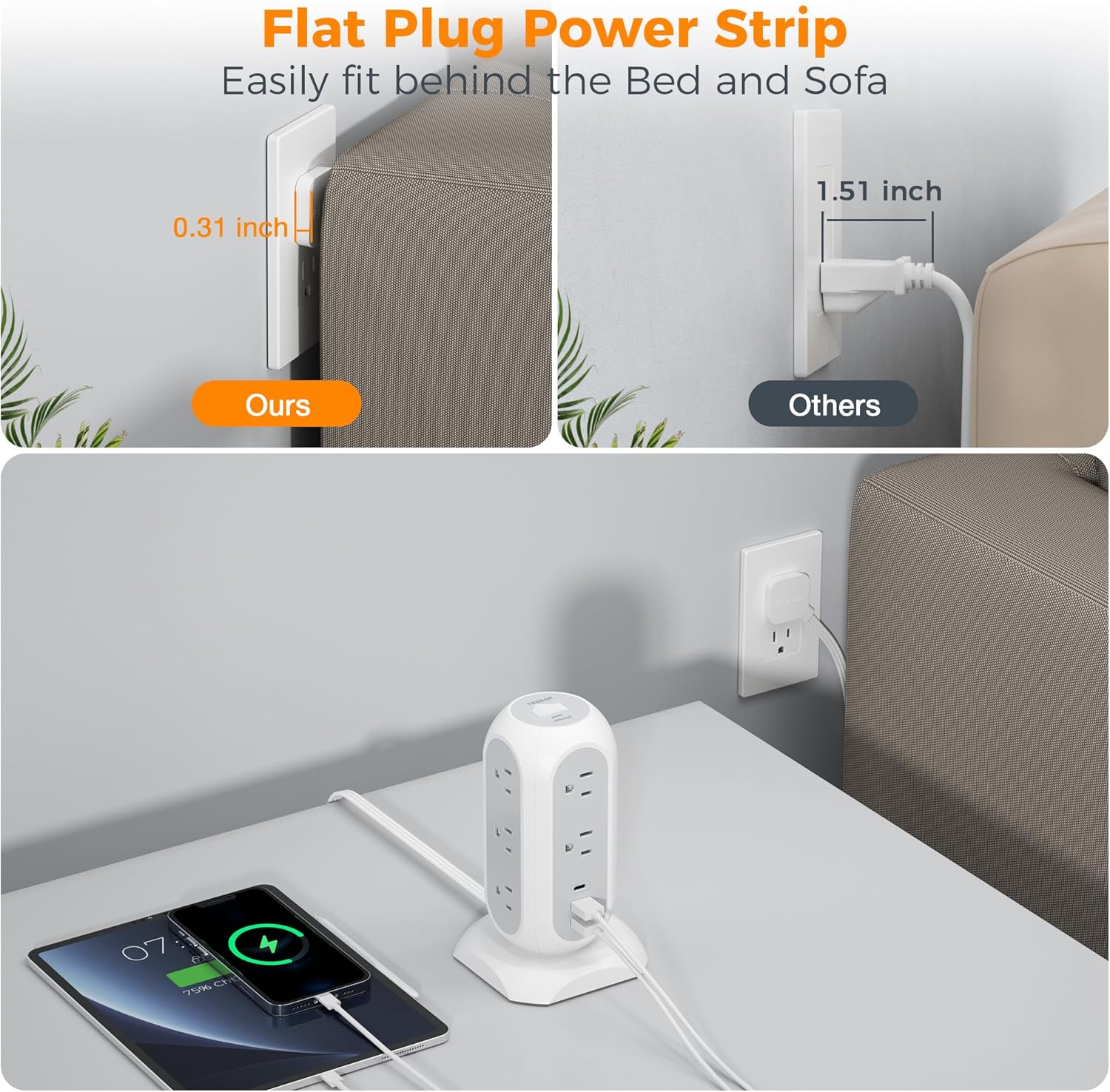 Tower Power Strip Flat Plug with 11 Outlets 3 USB (1 USB C), TESSAN Surge Protector Tower 1625W/13A,1050J Protection, 6 Feet Extension Cord with Multiple Outlets, Office Desk Supplies, Dorm Essentials