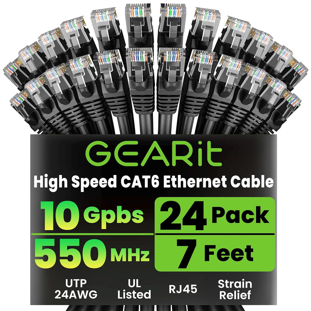 GEARit Cat 6 Ethernet Cable Pack - 24-Pack 7 ft Cat6 Ethernet Patch Cables | RJ45 Network Patch Cable, 10 Gbps Snagless Gold-Plated Connectors - Ethernet Cable Cat 6 for PC, TV, Router - Black