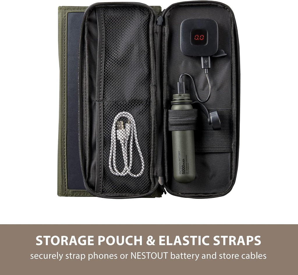 ELECOM NESTOUT Portable Solar Panel, Dual USB-A Ports, 28W Power Generation Charger for Phone Camping, Durable Water-Resistant Ripstop Nylon, Foldable Lightweight, Adjustable Stands (2-Panel)