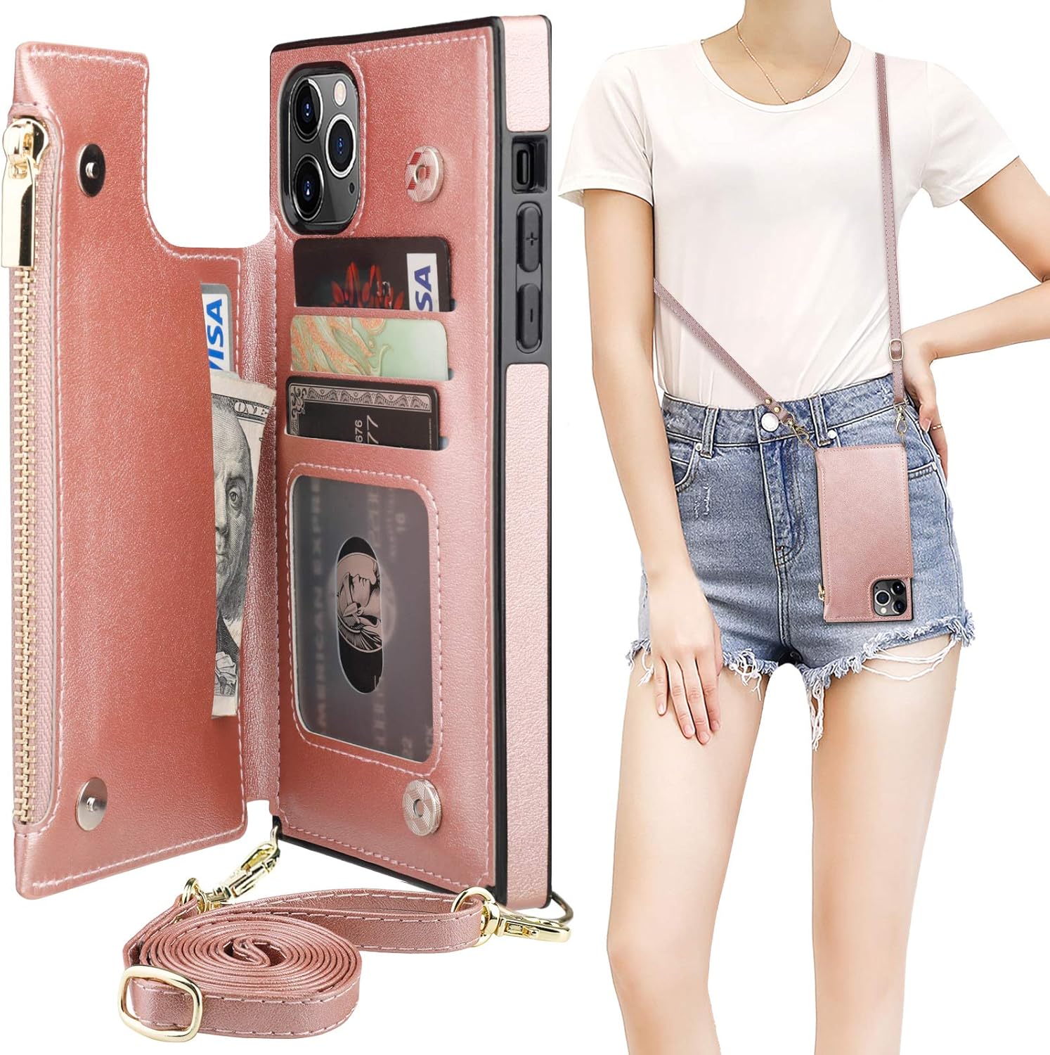 Bocasal Crossbody Wallet Case for iPhone 11 Pro Max with Card Holder,Zipper Card Slot Protector Shockproof Purse Cover with Removable Cross Body Strap 6.5 Inch(Rose Gold)