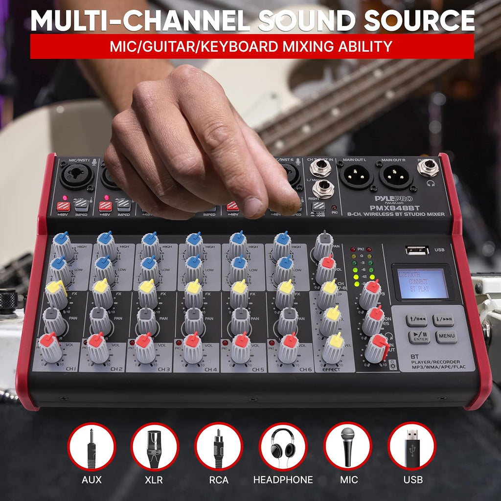 Pyle Professional Wireless DJ Audio Mixer - 8-Channel Bluetooth Compatible DJ Controller Sound Mixer w/USB Port, 6 Mic/Line Input, ¼” Mono/Stereo Input, Headphone Jack, +48V Phantom Power - PMX848BT