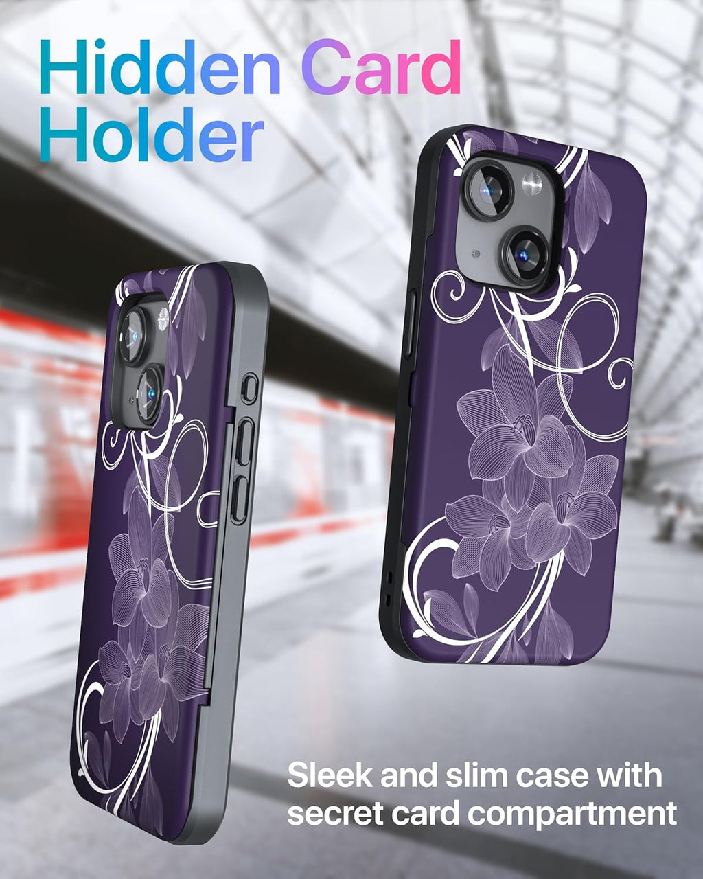 TORU CX Slim for iPhone 15 Case Wallet | Protective Shockproof Heavy Duty Cover with Hidden Card Holder & Card Slot | Mirror & Wrist Strap Included - Flowers