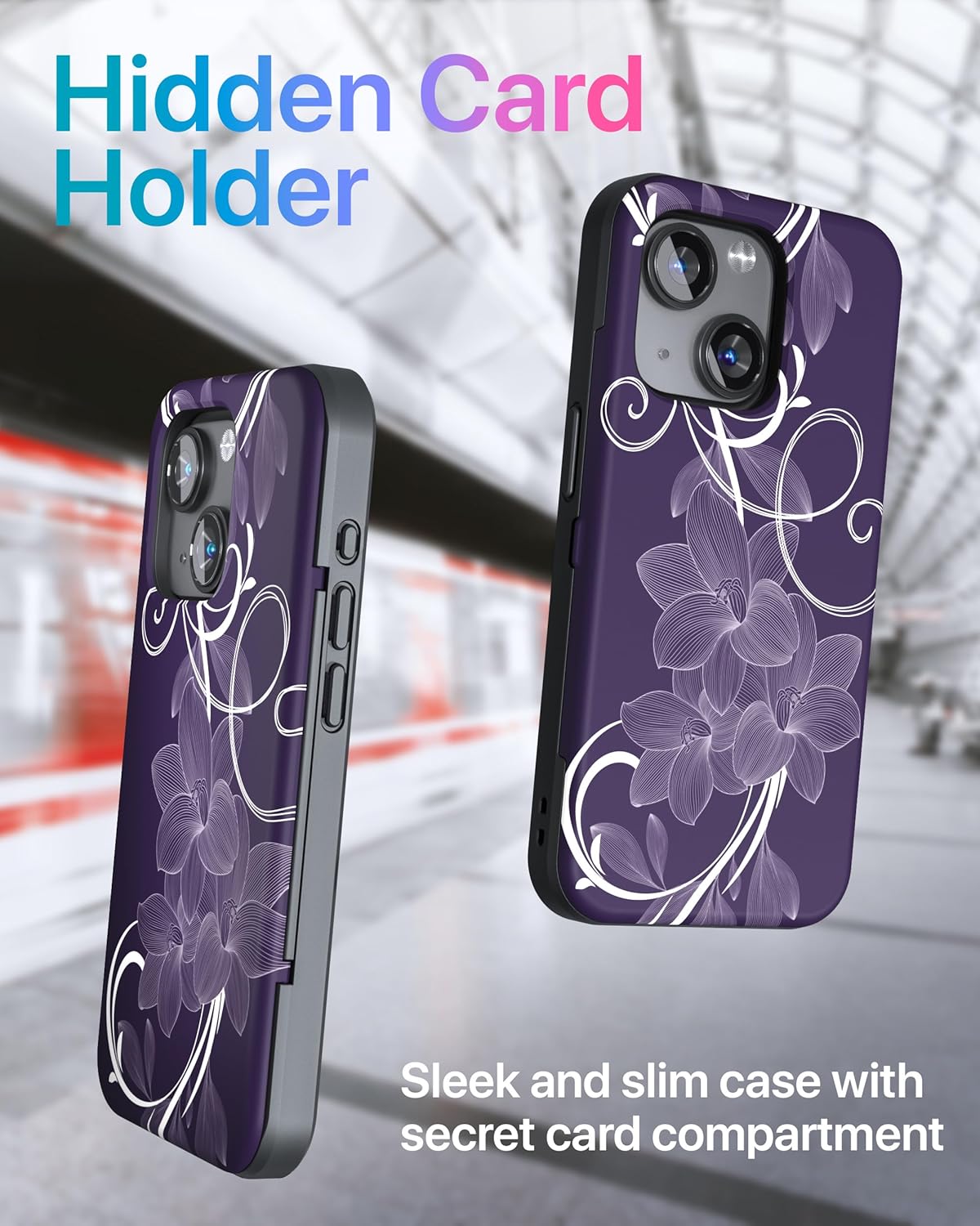 TORU CX Slim for iPhone 15 Case Wallet | Protective Shockproof Heavy Duty Cover with Hidden Card Holder & Card Slot | Mirror & Wrist Strap Included - Flowers