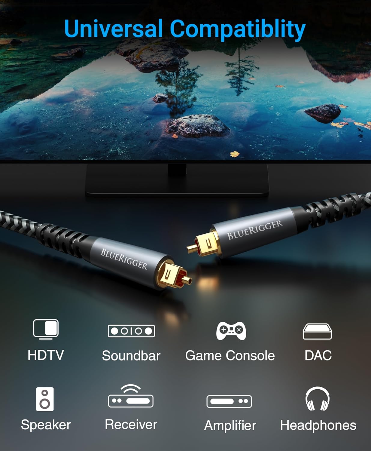 BlueRigger Digital Optical Audio Cable (15FT, Toslink Cable for Soundbar, Braided Fiber Optic, S/PDIF, Metal Shell) - Compatible with HomeTheatre, TV, Game Console (PS4, Xbox), DVR