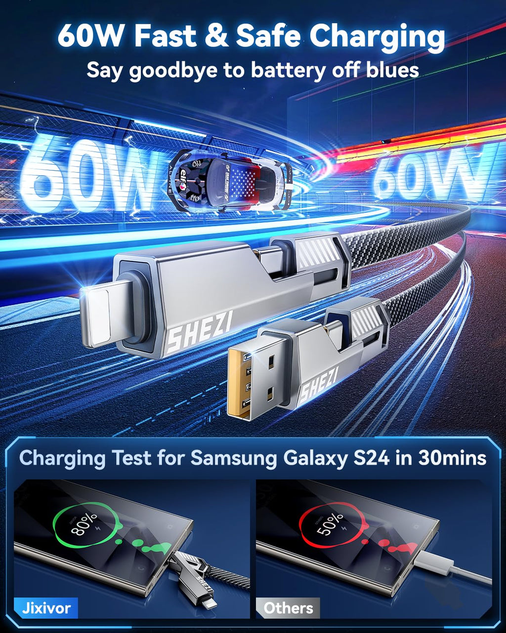 [One is Enough] 4-in-1 Compatible with USB C to Lightning Cable, 60W High-Speed Charging & Fast Data Transfer,CarPlay & Android Auto Support Multi Charger Cord Combo for iPhone/Samsung/iPad,3FT