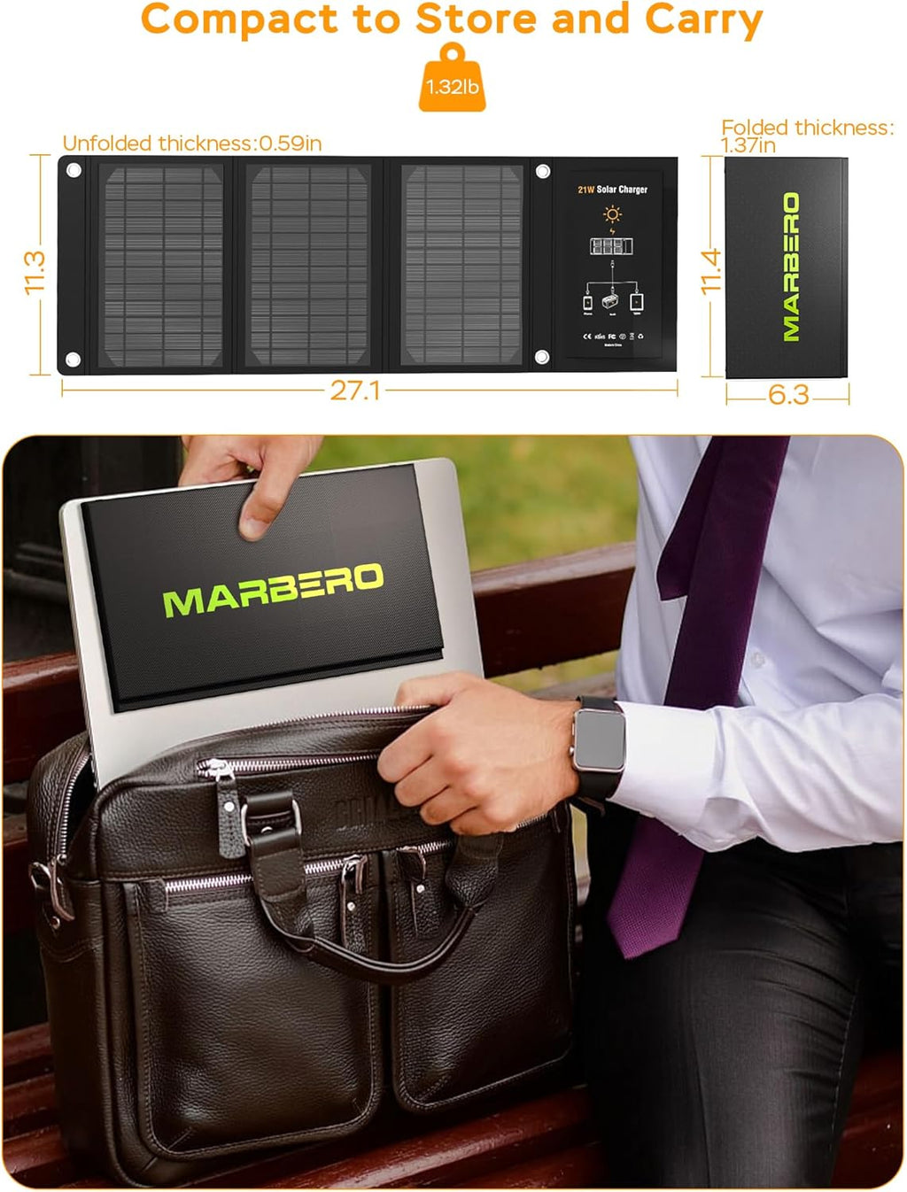 MARBERO 21W Portable Solar Panel Foldable Solar Panel Charger IP65 Waterproof Solar Panels 23% High Efficiency Fast Charger USB Ports & DC 18V Output for Camping Outdoor Travel Emergency Cloudy