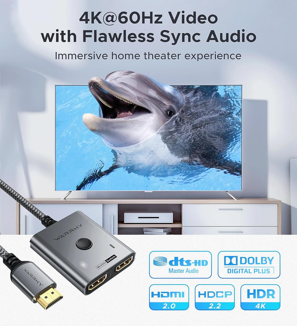 HDMI Switch 2 in 1 Out 4K@60Hz, WARRKY[with 3.3ft Fixed Braided HDMI Cable, Aluminum Case, 2K@144Hz, HDCP 2.2] Bidirectional 2x1 Switcher Splitter Compatible for PS5/4, Xbox, Roku, FireStick, Switch