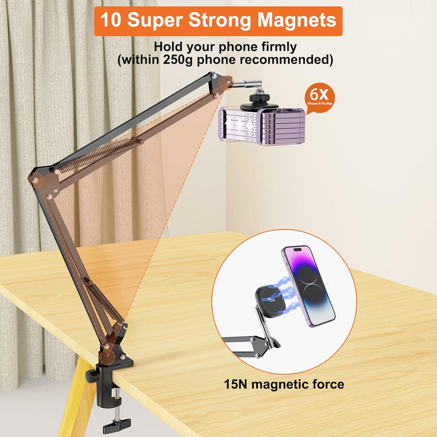 UURIG Overhead Phone Mount Stand with Magsafe, Articulating Arm Cell Phone Holder for Desk, Cell Phone Holder for Live Streams, Zoom Calls, Online Teaching, Selfies, Remote Working