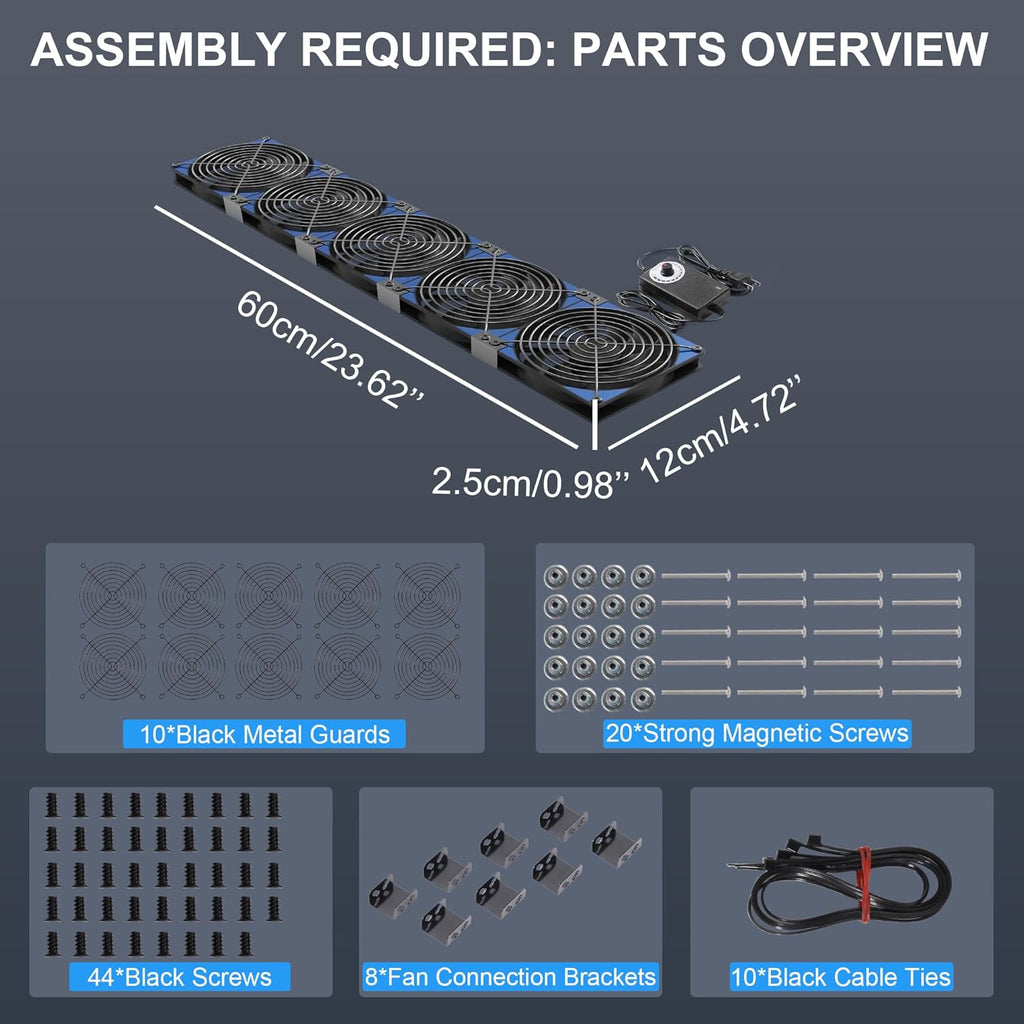 120mmx5 600mm Adjustable Computer PC Vent Fans 3V-12V Speed Controller for Flexible Arrange Rack Space Window Wall Cabinet Server Mining Rig Chicken Coop Exhaust Cooling