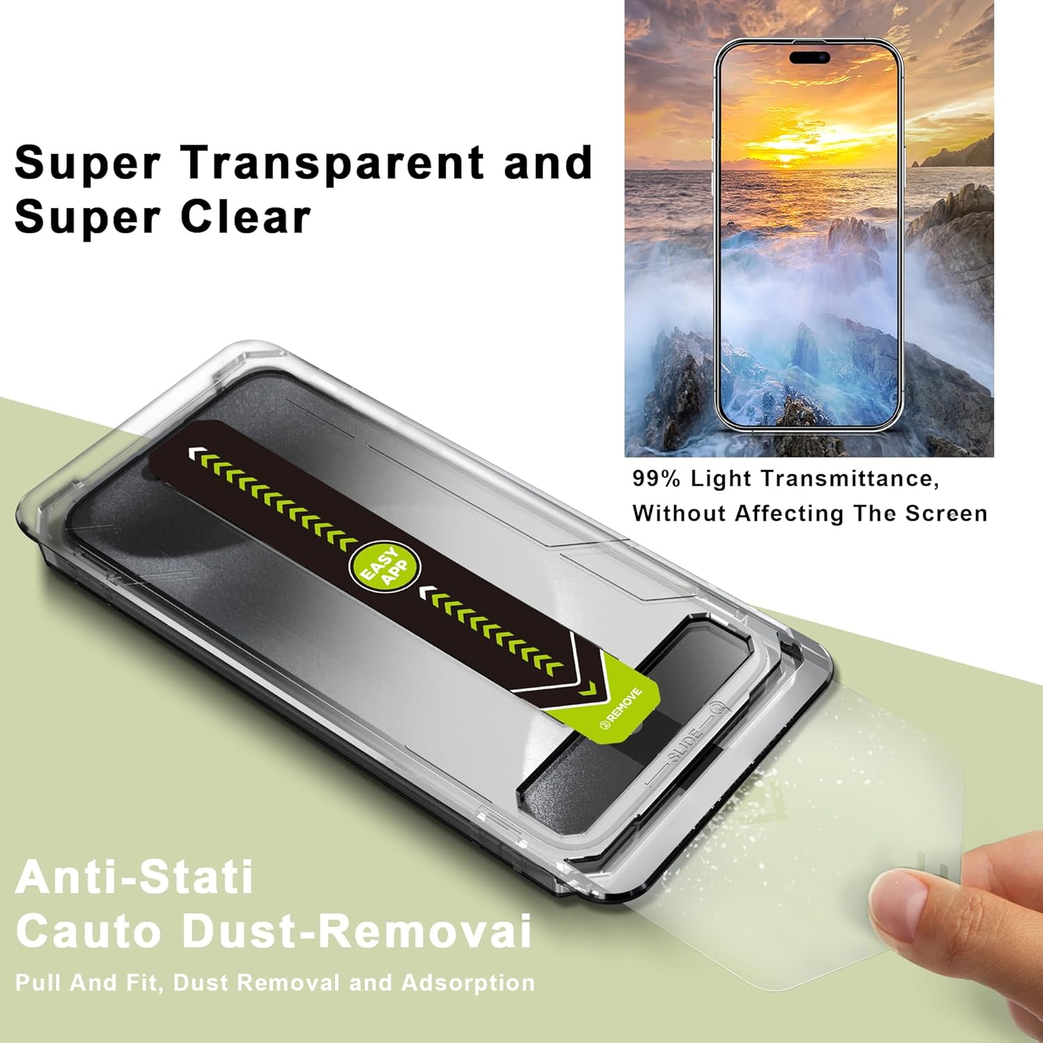 [2-Pack Ultra HD Clear Screen Protector for iPhone 15 Pro (6.1-Inch),9H Tempered Glass,Full Coverage,Anti-Fingerprint,Auto Dust Removal,Bubble-Free,Easy Installation