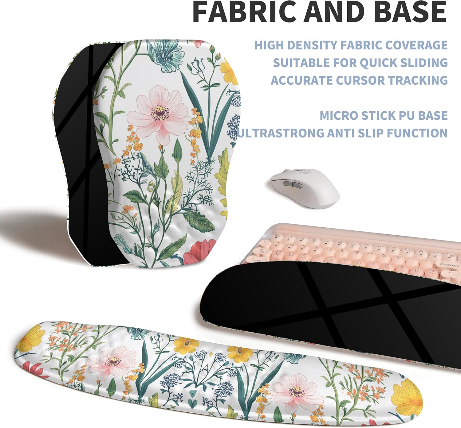 2-in-1 Ergonomic Set, Wave Keyboard Wrist Rest and Massage Slope Mouse Pad Wrist Support, Rebound Memory Foam for Relieve Carpal Tunnel Syndrome and Wrist Pain (Pink Flowers)