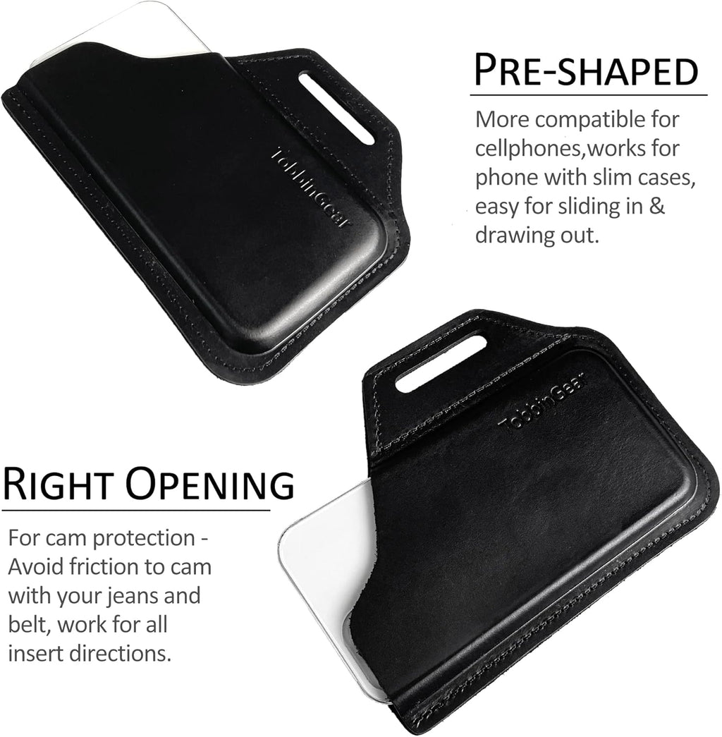 TobbinGear Leather Belt Phone Pouch, Left Handed Leather Cell Phone Holster, Universal Phone Case with Belt Loops, for Men and Women Black Large