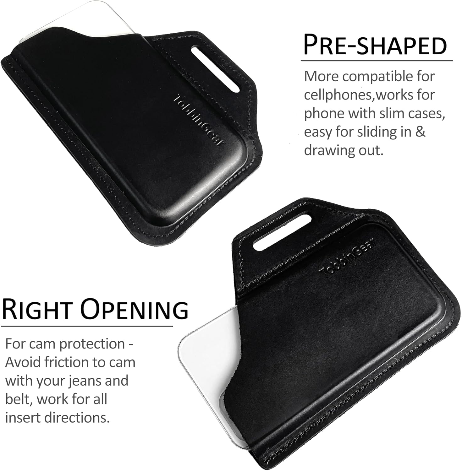 TobbinGear Leather Belt Phone Pouch, Left Handed Leather Cell Phone Holster, Universal Phone Case with Belt Loops, for Men and Women Black Large