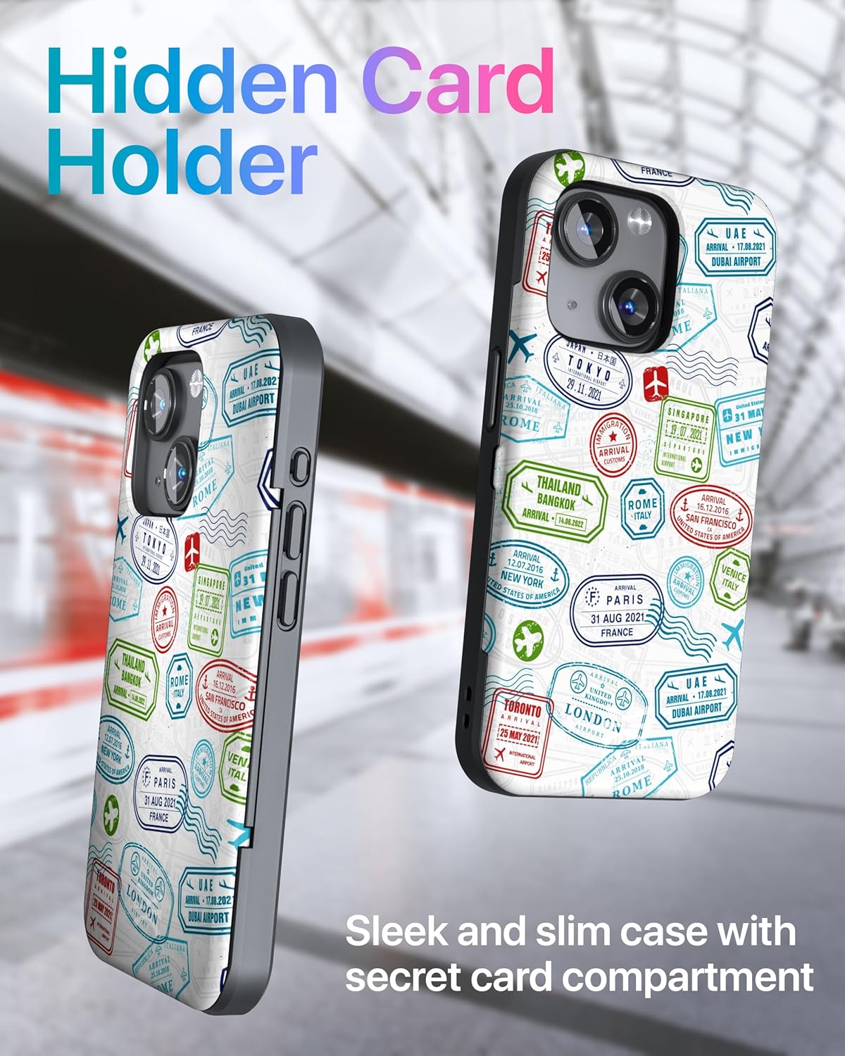 TORU CX Slim for iPhone 15 Case Wallet | Protective Shockproof Heavy Duty Cover with Hidden Card Holder & Card Slot | Mirror & Wrist Strap Included - Travel Stamps