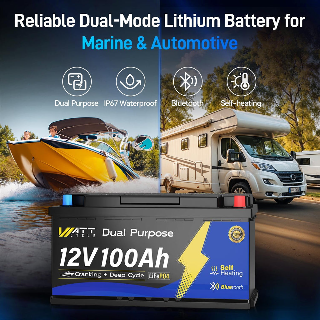 12V 100Ah Bluetooth LiFePO4 Battery, [Cranking &Deep Cycle] Lithium Battery with Self-Heating, Built-in 200A BMS, Perfect for Trolling Motor, RV, Marine, Boat(4 Pack)