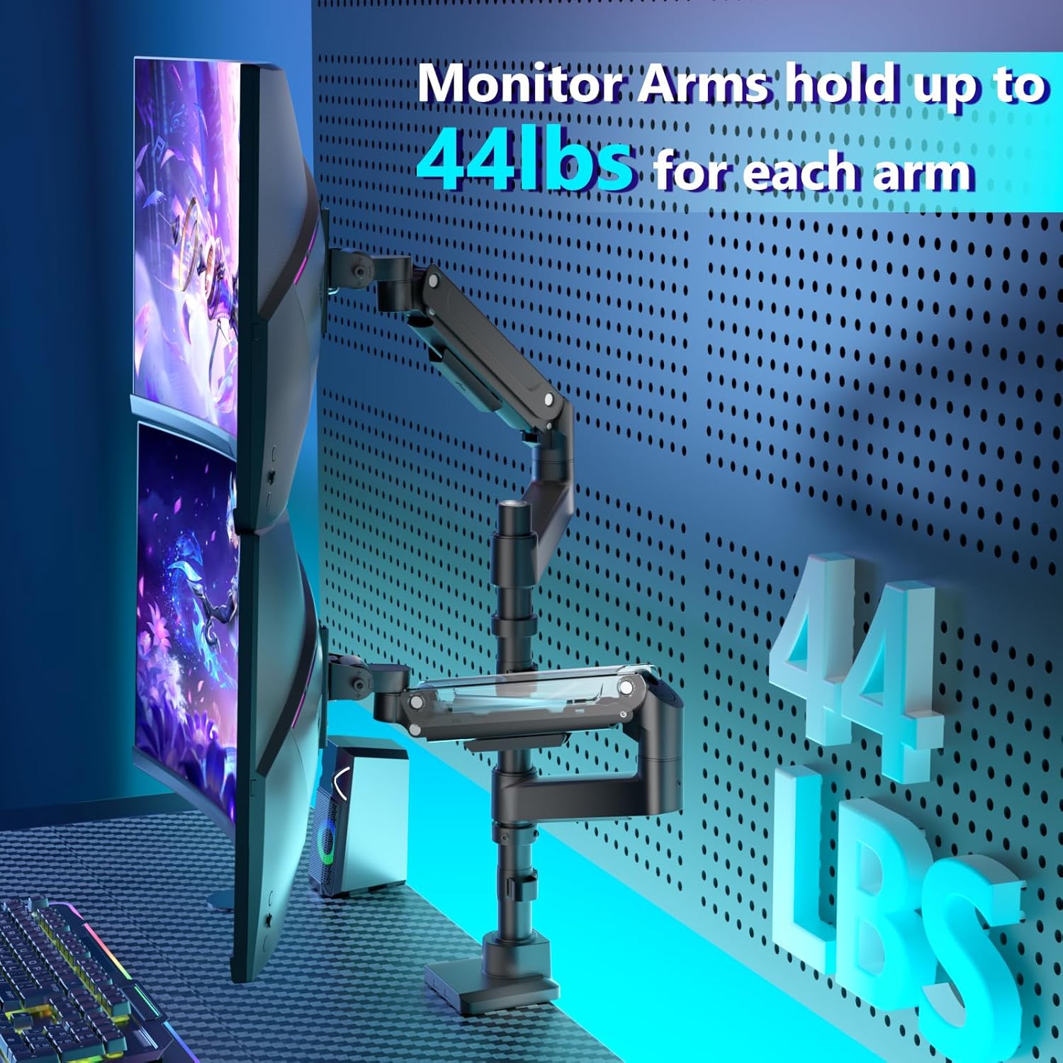 WALI Dual Monitor Mount for Ultrawide Heavy Duty Curved Monitor Stacking, Dual Monitor Arm Fits 17-49 Inch for Ultrawide Screens up to 44lbs, 49 inch Monitor Arm, Black