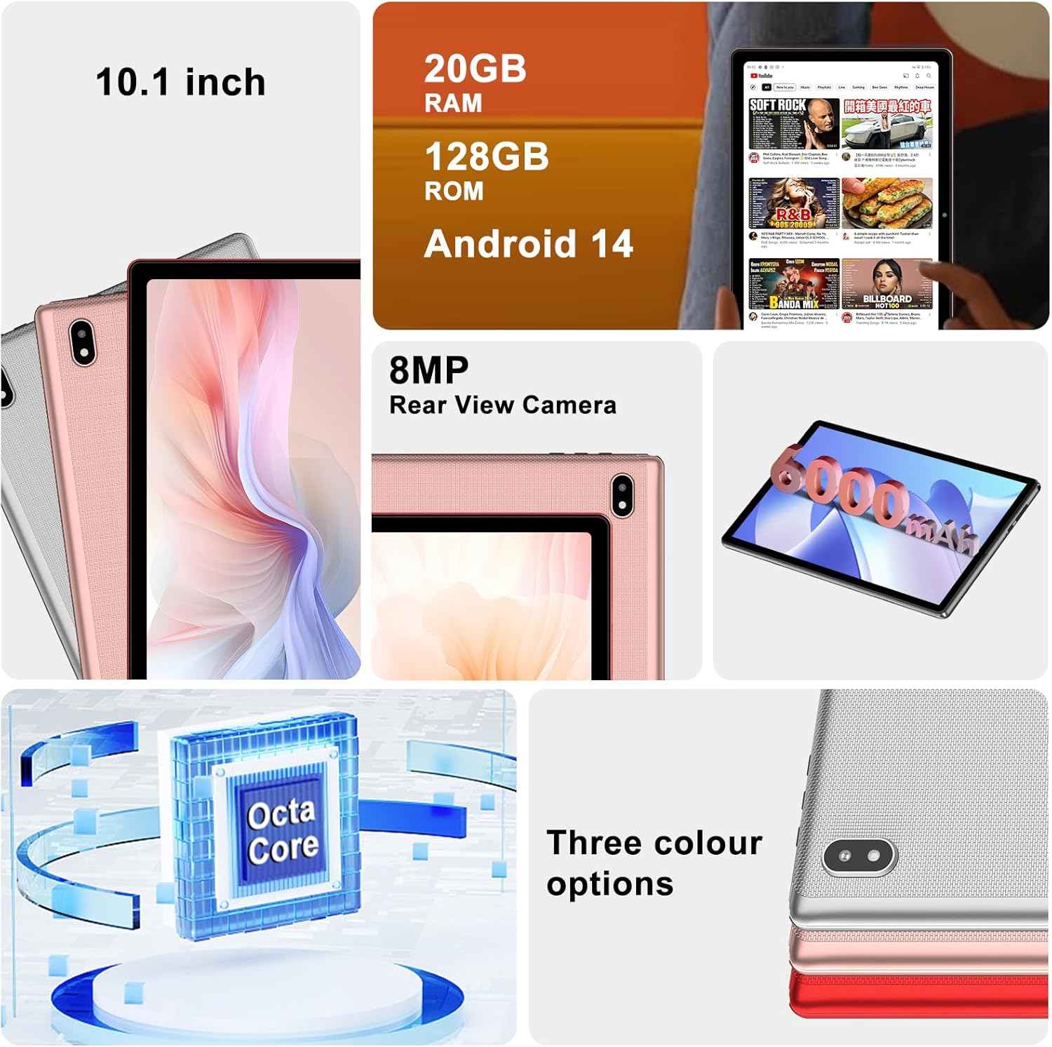Android 14 Tablet 10 Inch Tablets, 20GB+128GB/1TB Expandable, Tablets with Octa-Core, WiFi 6, Dual Camera, BT 5.0, 6000mAh Battery, HD IPS Display, Widevine L1, Tablet with Keyboard Mouse - Sliver