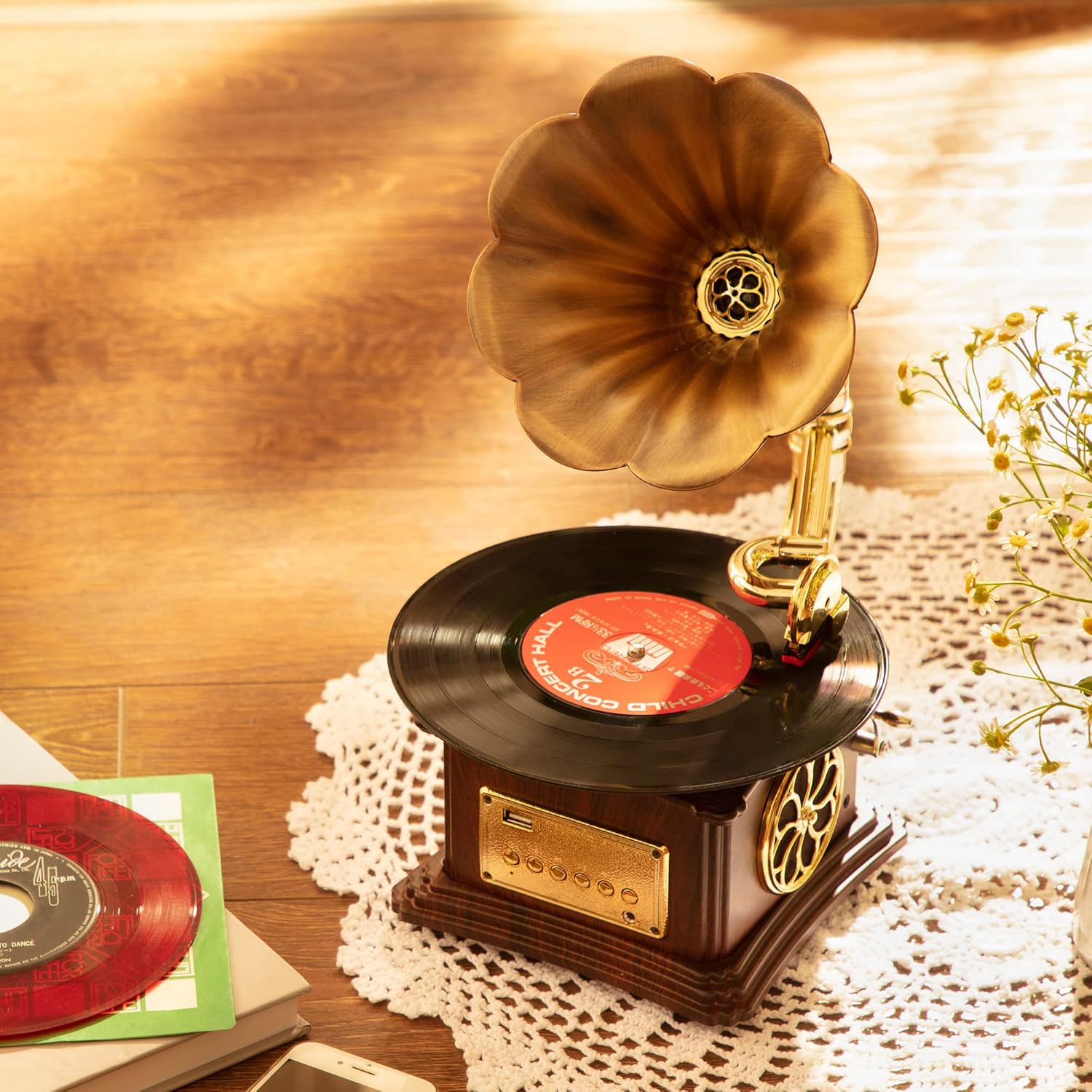Vintage Style Wooden Record Player with Bluetooth, USB, AUX, FM Radio and Built-in Speakers (109HJ-1)