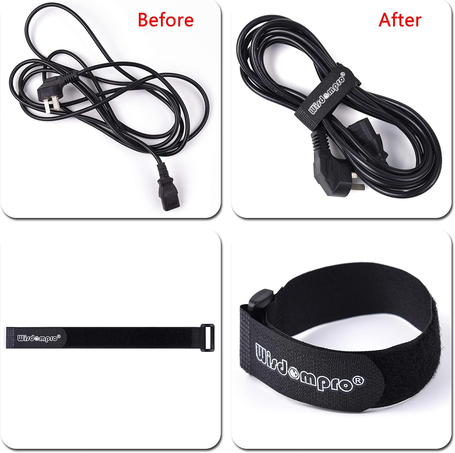20 Pack (8 12 18 24 Inches) Hook and Loop Reusable Fastening Cable Tie Down Straps by Wisdompro - Reusable, Durable Functional Ties to Keep Your Home, Office, Workspace from Tangled Messes of Cords
