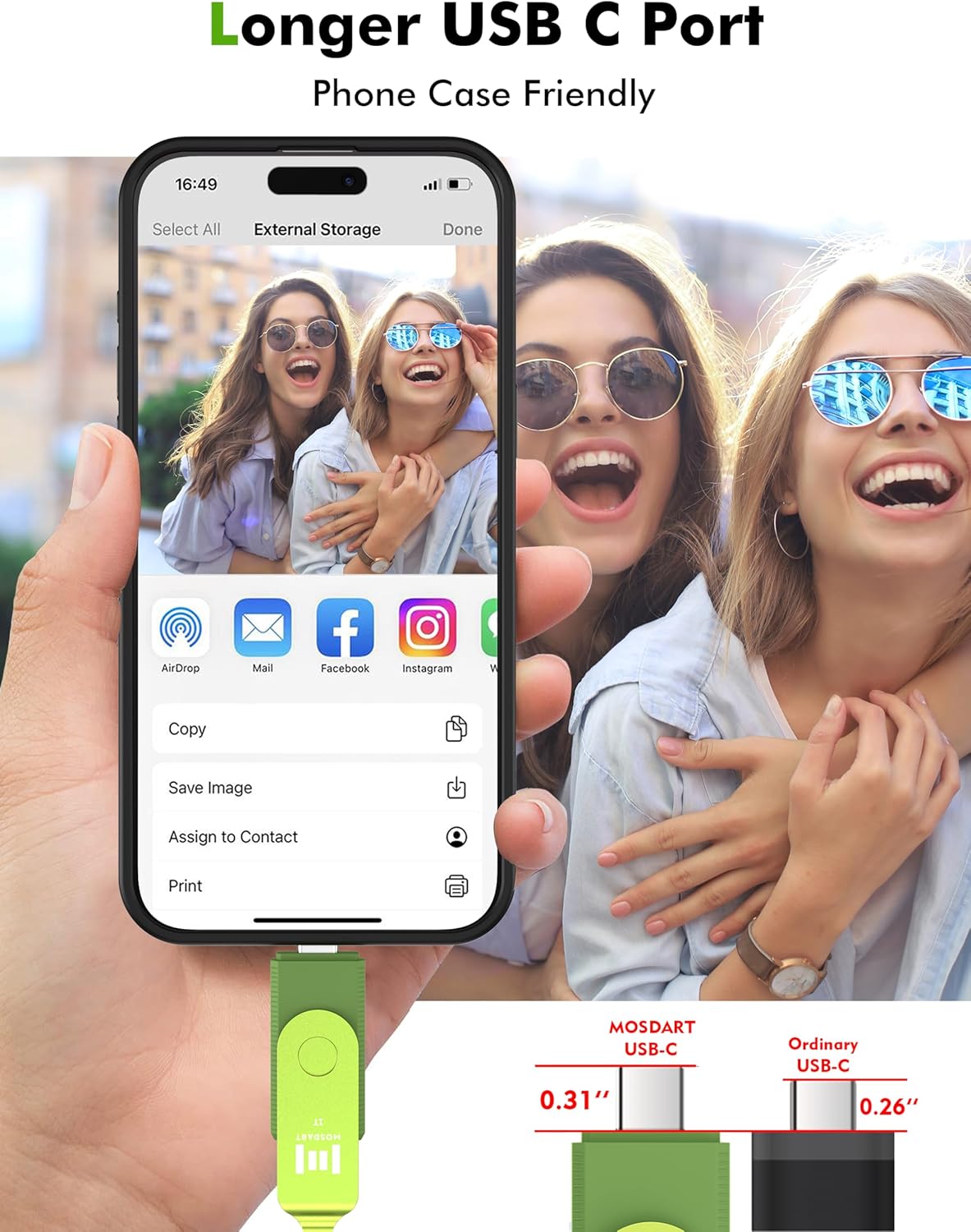 MOSDART 1TB USB3.1 Fast Speed C and A Dual Flash Drive, exFAT Memory Stick with Keychain and LED Indicator, for iPhone 15 and 16, Android Phone, iPad, MacBook, and Other Laptops, Green