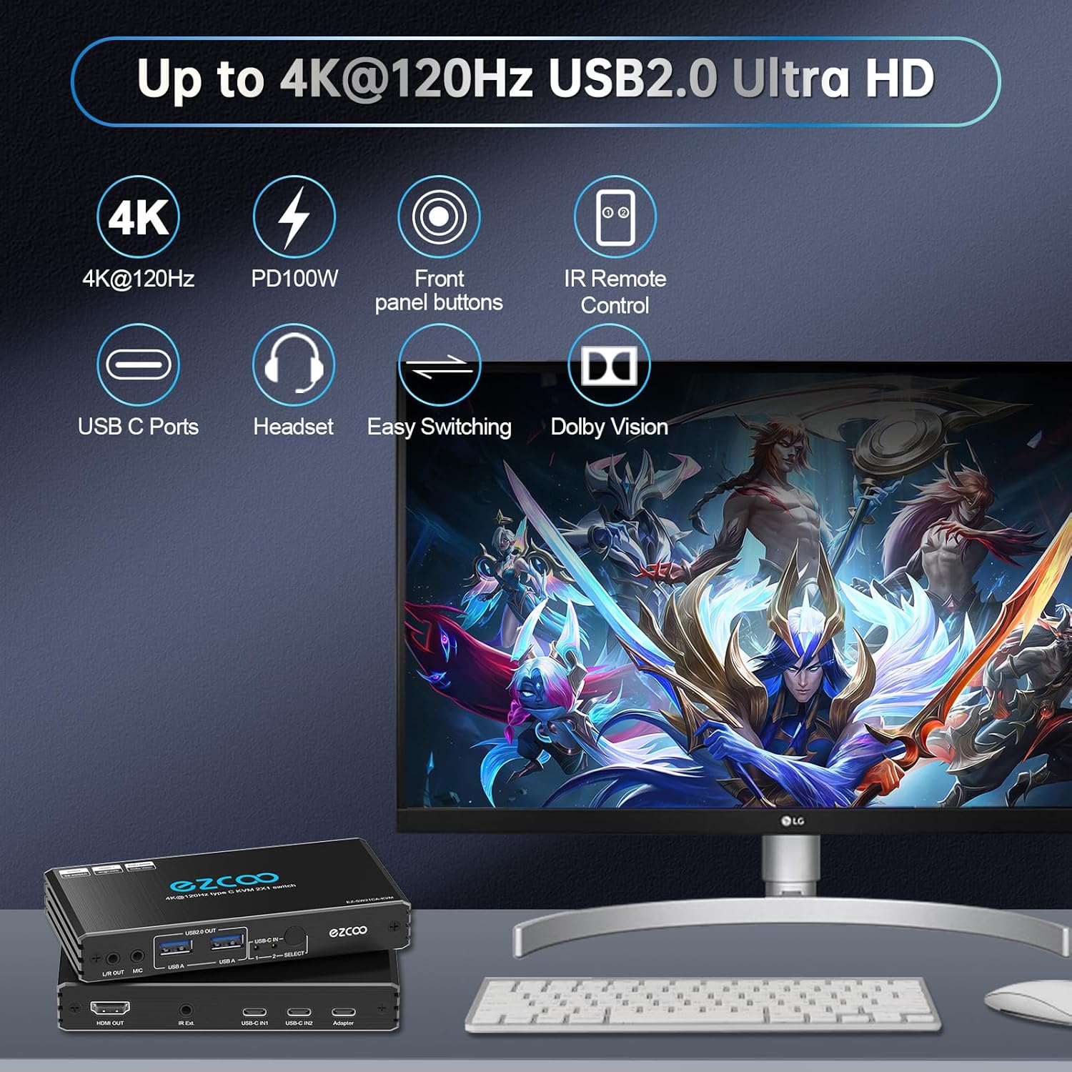 4K@120Hz USB-C HDMI2.1 KVM Switch for 2 Laptops with 2 USB 2.0 Ports L/R MIC Out Share 1 Monitors Keyboard Mouse Hard Drive Printer