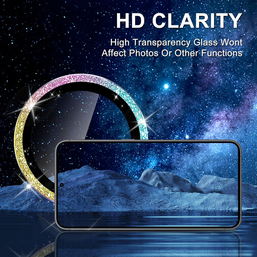 for Samsung Galaxy S24 FE Camera Lens Protector, Individual Metal Ring Tempered Glass Lens Cover, [Strong Adsorption] Scratch Resistant Ultra-Thin HD Clear Lens Cover, 1 Set-Colorful Sparkly
