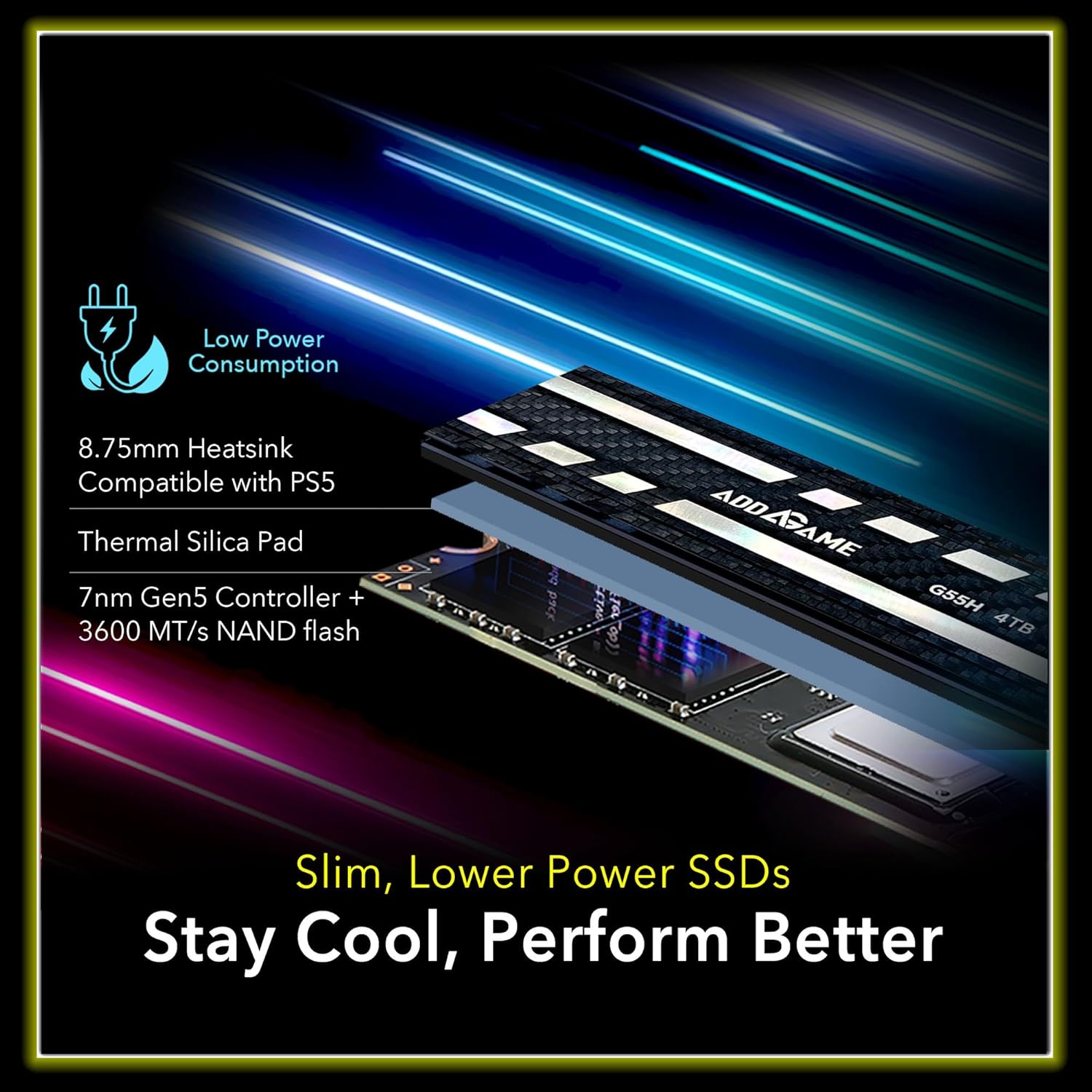 Addlink G55H 2TB PCIe 5.0 Gen5 NVMe M.2 SSD with Heatsink - Up to 10,300MB/s - Game Ready - Internal Solid State Drive - Compatible with PCs and PS5 (ad2TBG55HM2P)