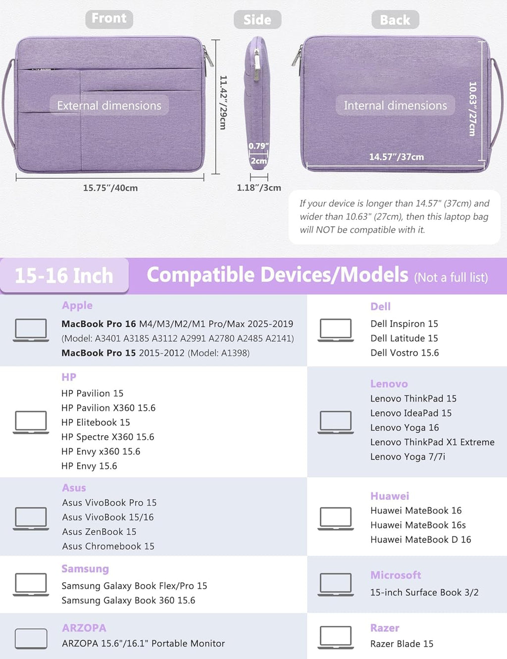 HYZUO 15-16 Inch Laptop Sleeve Bag for MacBook Pro 16 M4/M3/M2/M1 2025-2019, 15" Surface Book, Portable NoteBook Case for 15" 15.6" HP Dell Lenovo ThinkBook Asus Acer Samsung HUAWEI, Lilac Purple