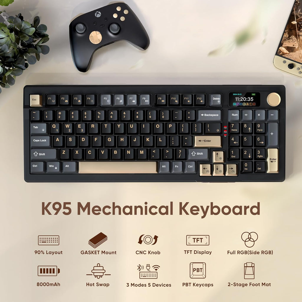 RedThunder K95 Wireless Mechanical Keyboard, TFT Screen & Knob, Tri-Mode BT5.0/2.4GHz/USB-C Hot Swappable Custom, Pre-lubed Linear Pink Switches, Gasket Structure, RGB Gaming Keyboard, Black-Gold