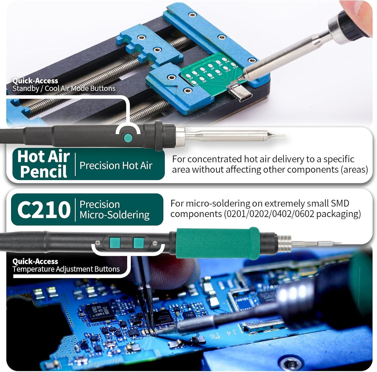 YIHUA 992D-II 2-IN-1 Precision Soldering Kit with Hot Air Pencil and C210 Soldering Iron, Precision Soldering Station with Dynamic LCD Display, Low-Wear Mode, 3 Preset Channels, 8 Hot Air Nozzles
