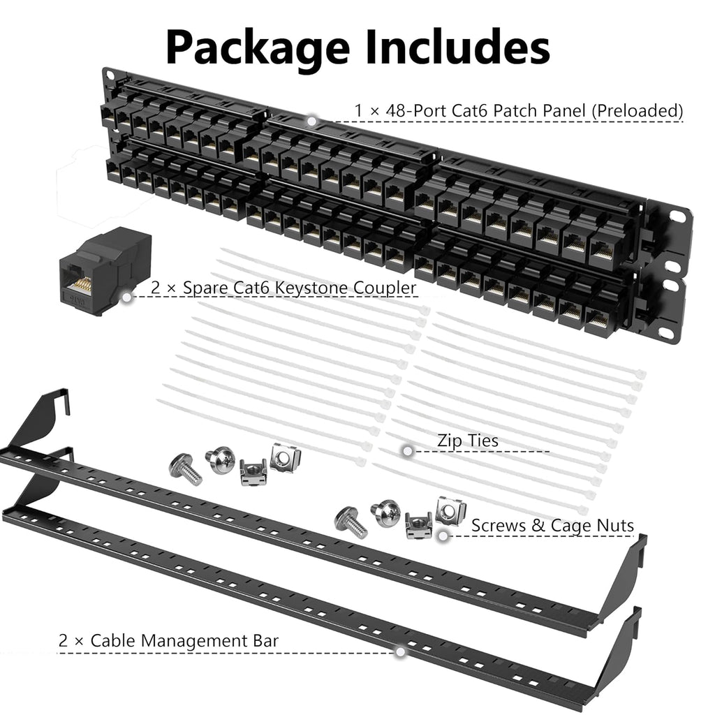 Jadaol 48 Port Patch Panel Rackmount or Wall Mount 19-Inch, 2U Cat6 Network Panel Preloaded with 48 Keystone Couplers plus 2 Spare, 10Gbps Ethernet Patch Panel with Cable Management & Back Support Bar