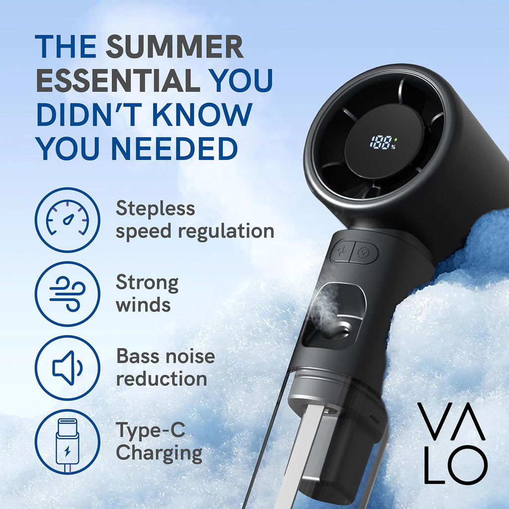 Valo Portable Rechargeable Fan - Mini Cooling Fan for Travel, USB Desk Personal Fan with 4 Speeds, 50ml Tank for Water Cooling Technology, Quiet Operation, 2,000 mAh Battery - Midnight Black