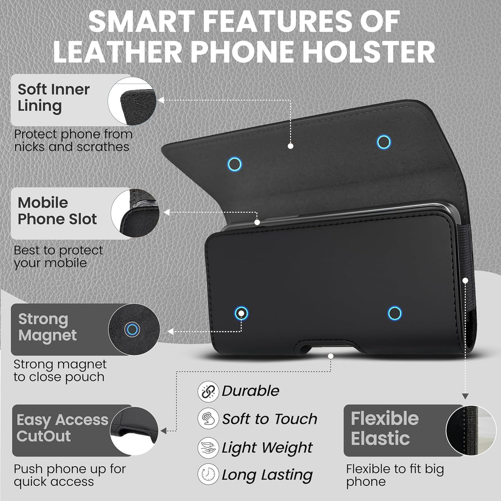 Leather Phone Holster for Men & Women, Horizontal Cell Phone Case - Fits iPhone Air 2025, 16/15/14 Plus/11 Pro Max, XS Max, Belt Clip/Loop Carrying Phone Pouch Holder, Black Large.