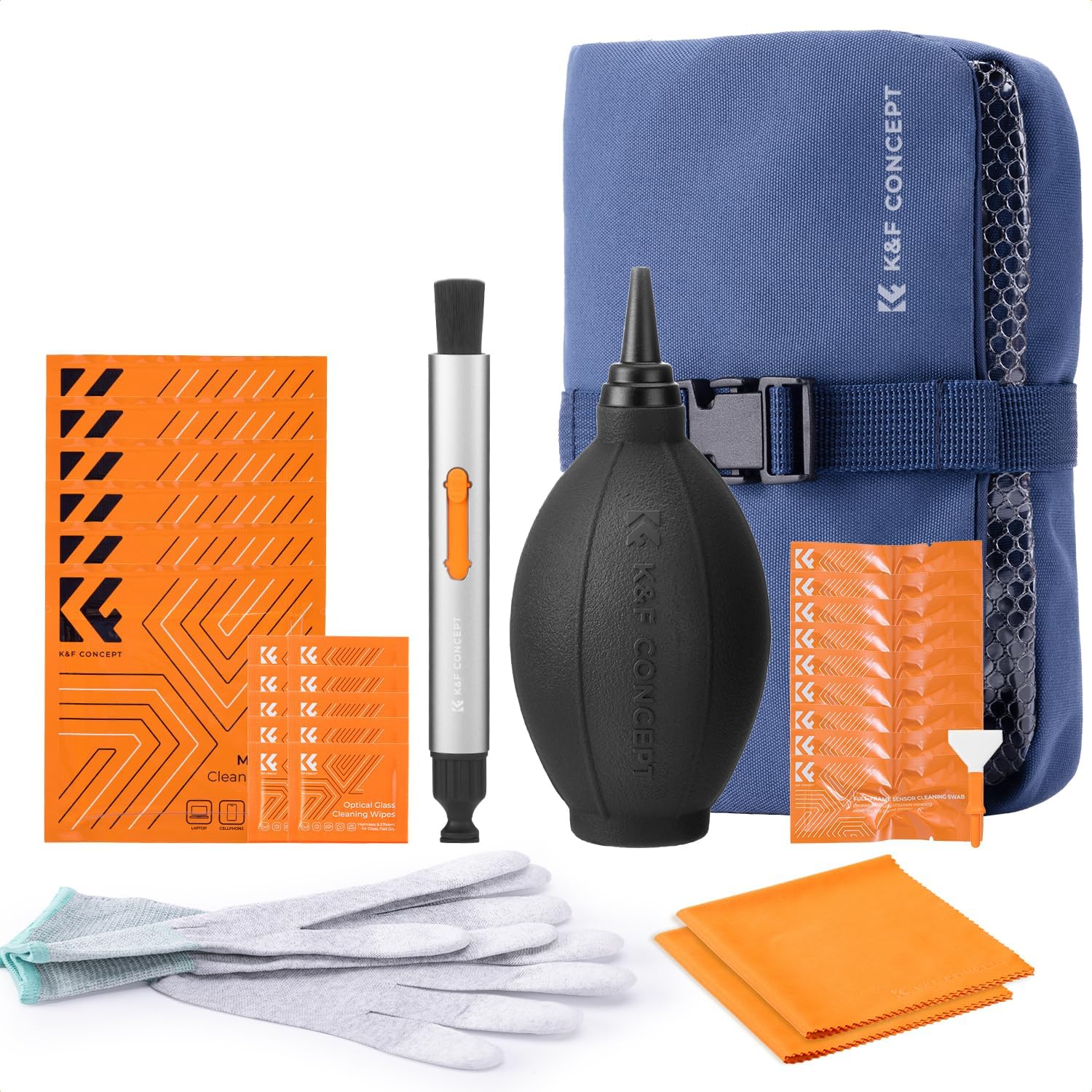 K&F CONCEPT 32-in-1 Camera Lens Cleaning Kit for DSLR Camera Lens Filter with Cleaning Pen+Air Blower+Cleaning Cloth*2+Full-Frame Swab*10+Cleaning Wipes*10+Vacuum Cleaning Cloth*6+Anti-Static Gloves