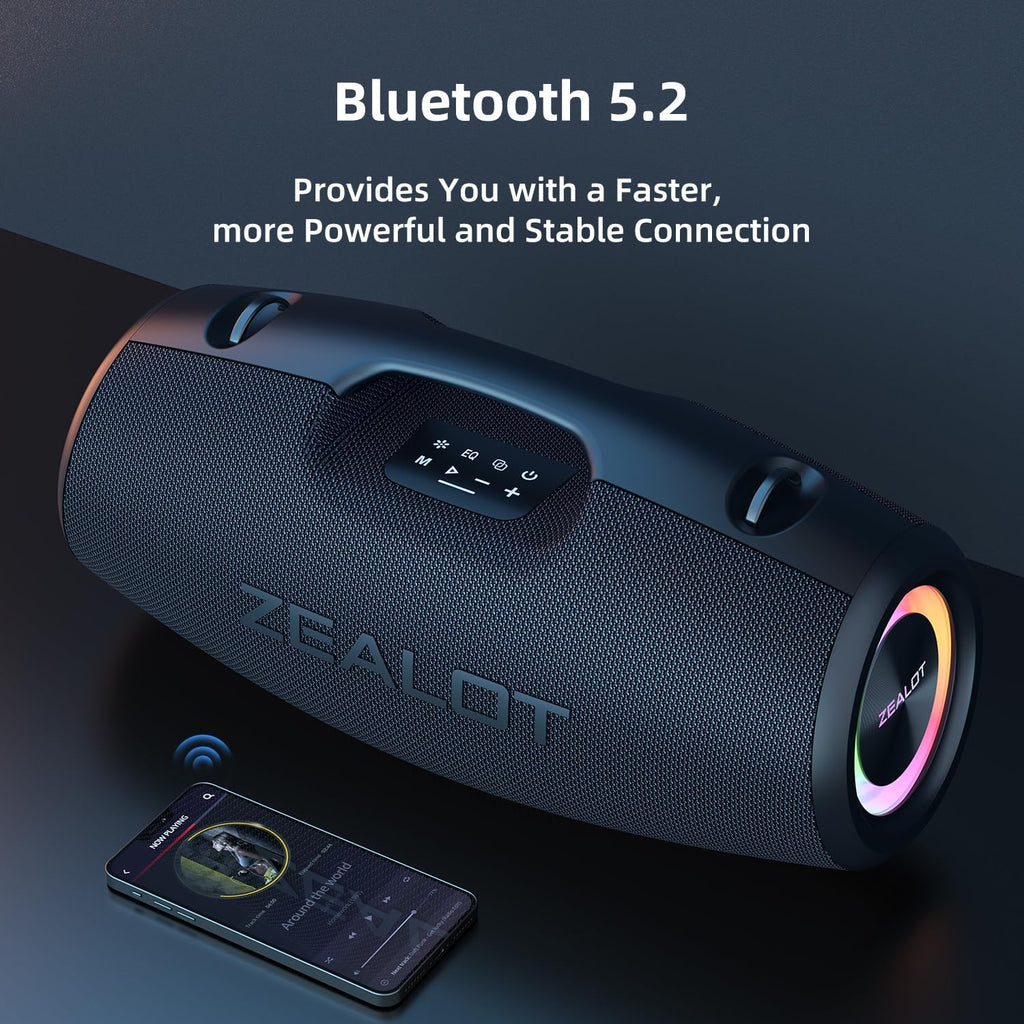 ZEALOT Bluetooth Speaker,120W Wireless Outdoor Speaker with Subwoofer,IP67 Waterproof with LED Light,Bluetooth 5.2 for Camping,Beach,Gifts(Black)