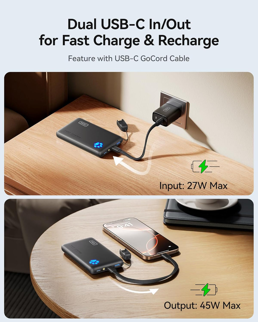 INIU Portable Charger, Ultra Slim 10000mAh 45W PD Power Bank, USB C in&Out Fast Charging Battery Pack, Travel Essential Phone Powerbank Compatible with iPhone 16 15 14 Samsung S22 S21 Google iPad etc