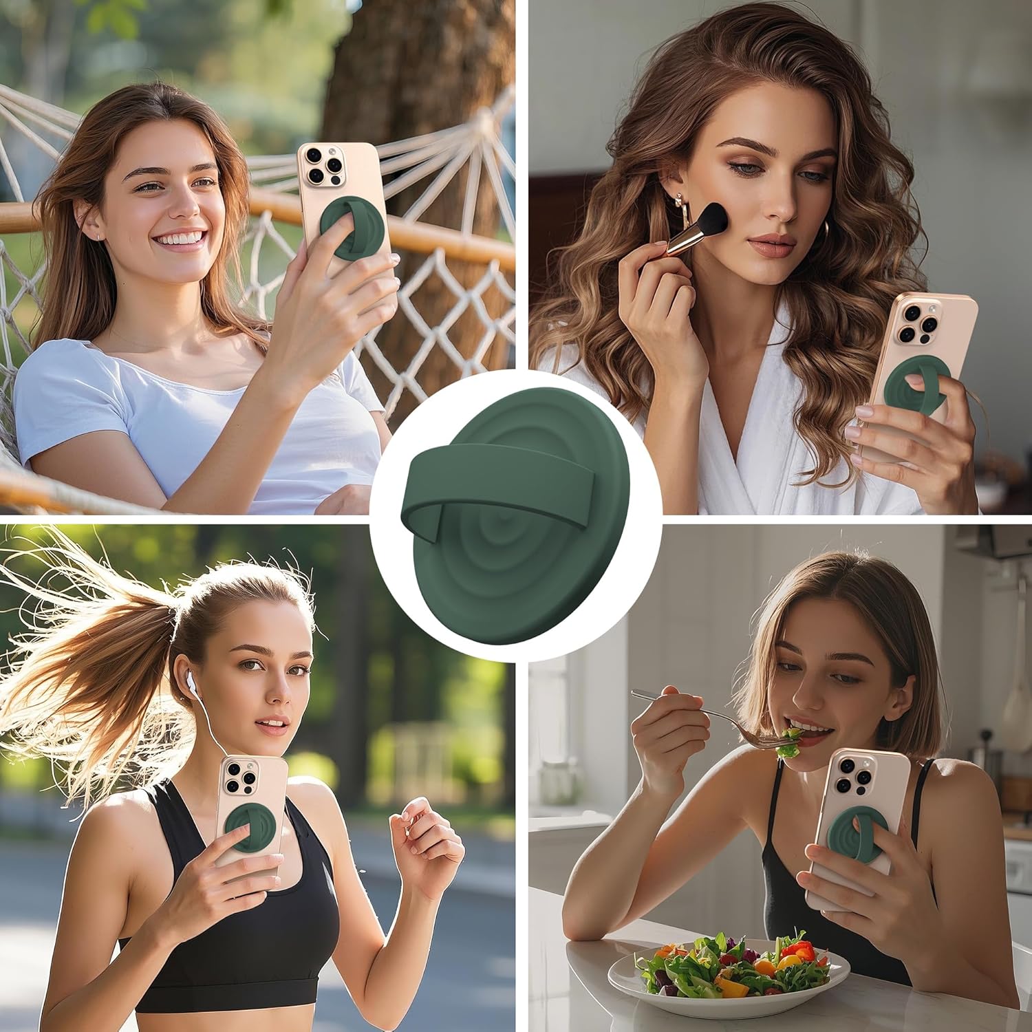 Magnetic Phone Ring Grip Holder, Silicone Finger Loop Grip, Compatible with MasSafe, Back of Phone for iPhone Pro Max/Plus/16/15/15/14/13/12 Series, Alpine Green