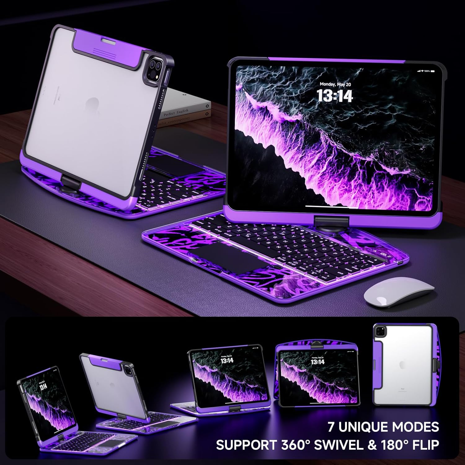 Transparent Case with Keyboard for iPad 9th (7th, 8th, and 9th Gen)10.2 Inch ,with 7-Color Backlit Wireless Keyboard,360°Rotatable Protective Case Multi-Touch Trackpad,with Pencil Holder,Purple