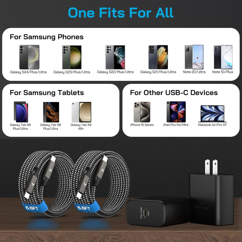 45W Super Fast Charger USB C, 45 Watt Type-C Android Phone Charger Fast Charging Block with 6.6FT Type C Cords for Samsung Galaxy S25 Ultra/S24 Ultra/S24+/S23 Ultra/S23+/S22 Plus/S20, Tab S9/S8 Ultra