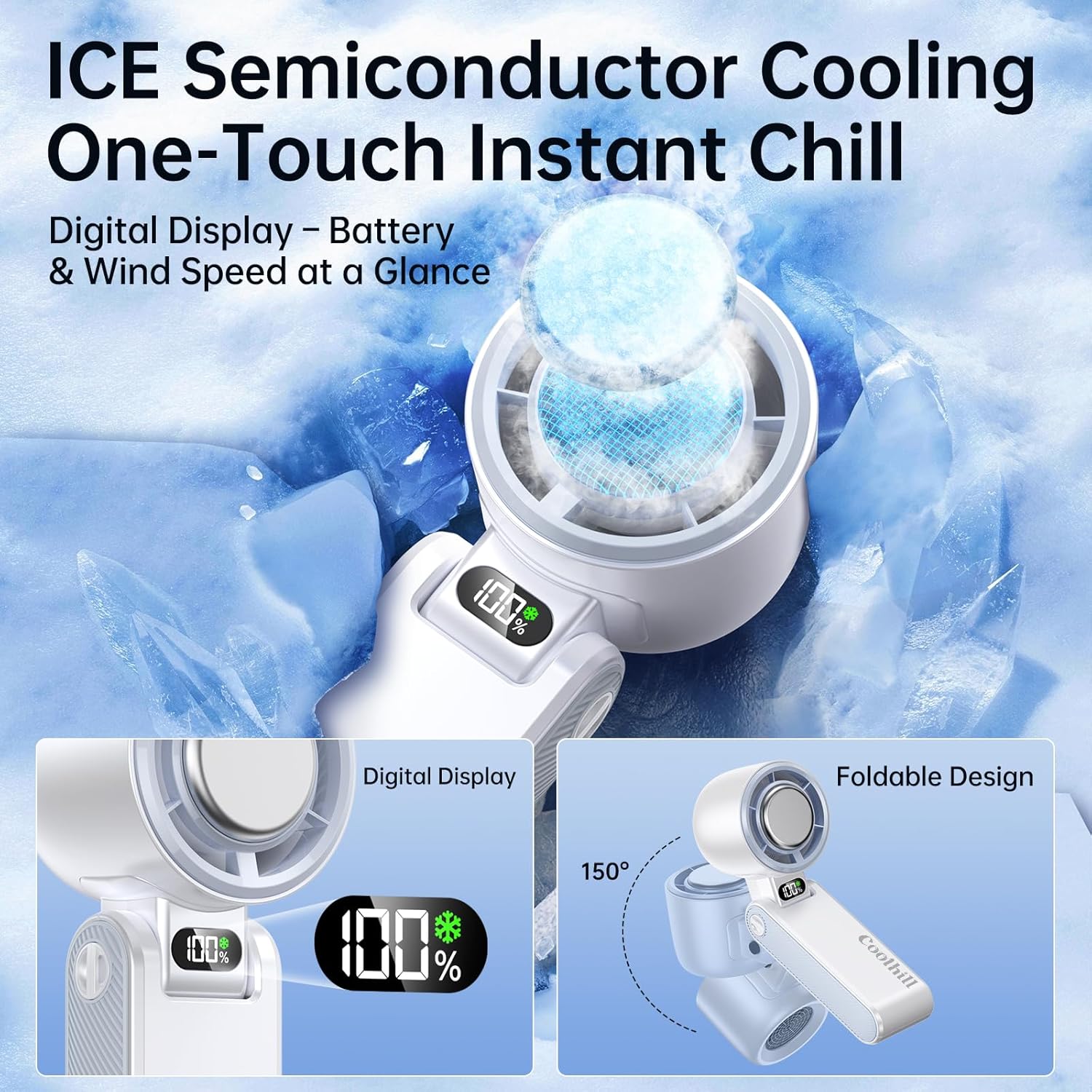 Handheld Portable Fan with Ice Cooler: 100-Speed 5500mAh Rechargeable Handheld Fan, 12H Time Hand Cooling Personal Fans with 20000 RPM Air Turbo Tech for Travel Outdoor (White)
