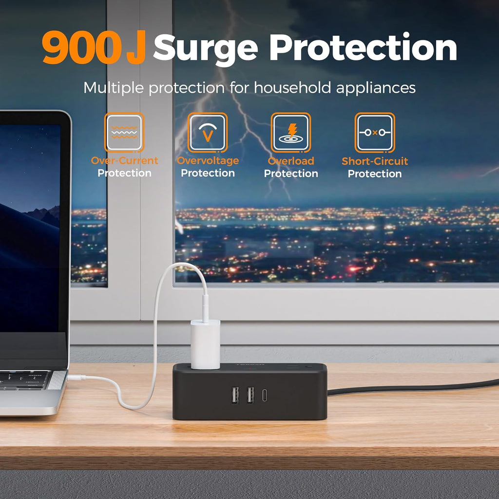 TESSAN Black Extension Cord 5 Ft, Flat Surge Protector Power Strip with 4 Wide Spaced AC Outlets 3 USB Ports (1 USB C), Ultra Thin Flat Plug with 900J Surge Protection, Office Dorm Room Essentials