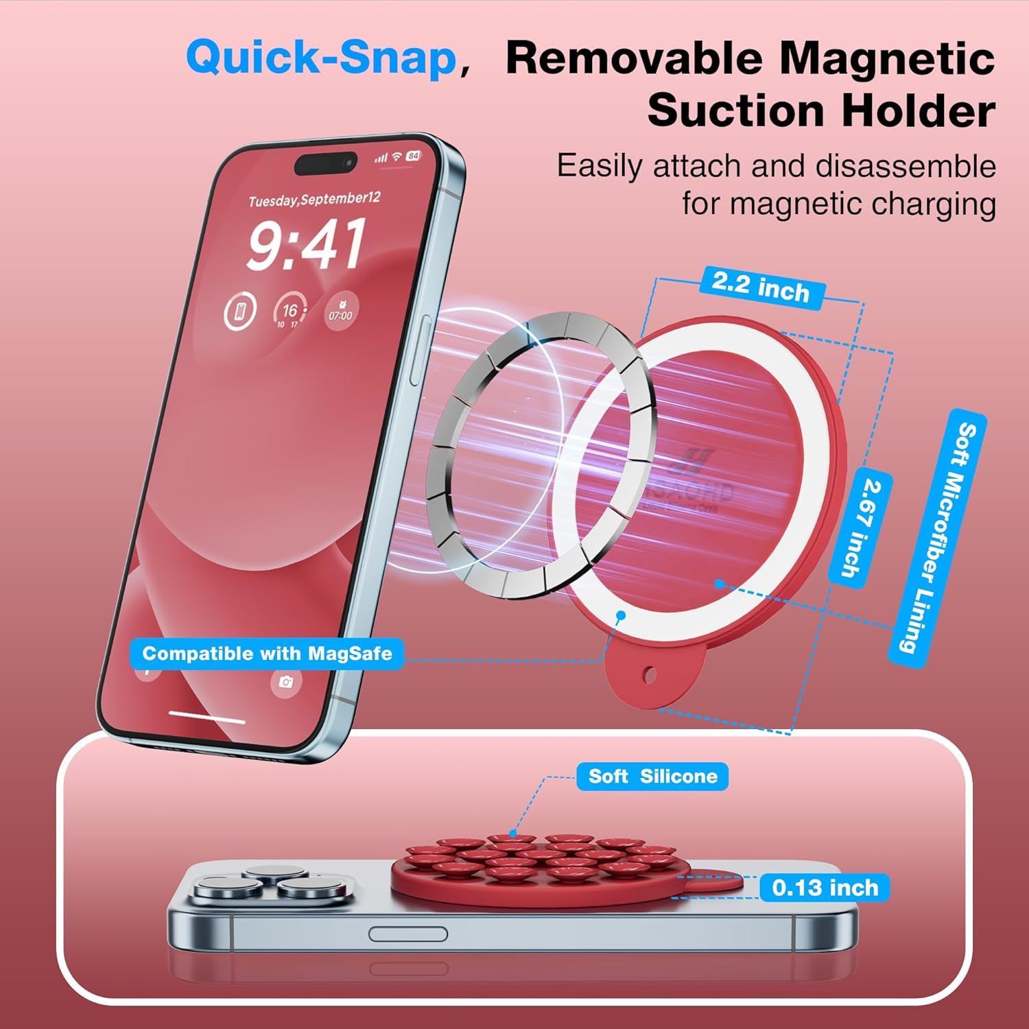 Magnetic Suction Cup Phone Mount for MagSafe Case, Silicone Hands-Free Grip Holder for iPhone and Android, Mirror Shower Phone Stand for Makeup FaceTime Gym Kitchen Bathroom, Deep Red